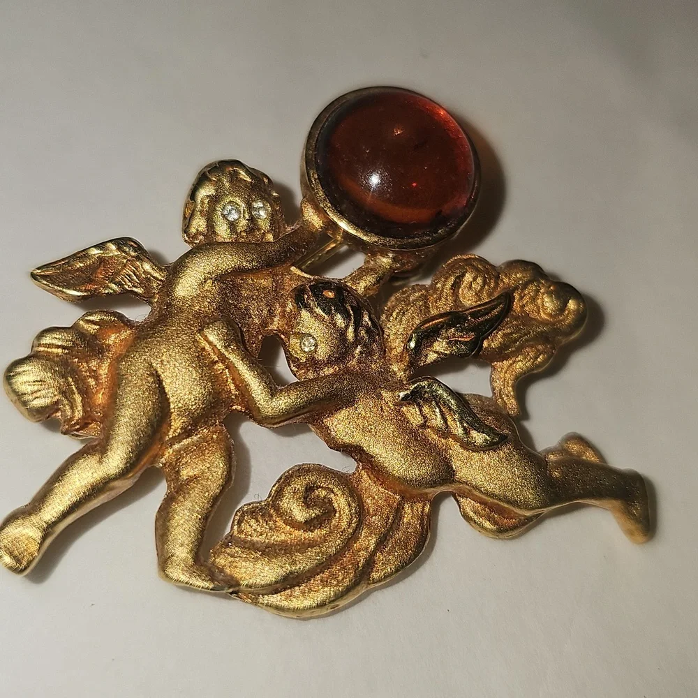 Gold Angel Brooch with Amber Accent